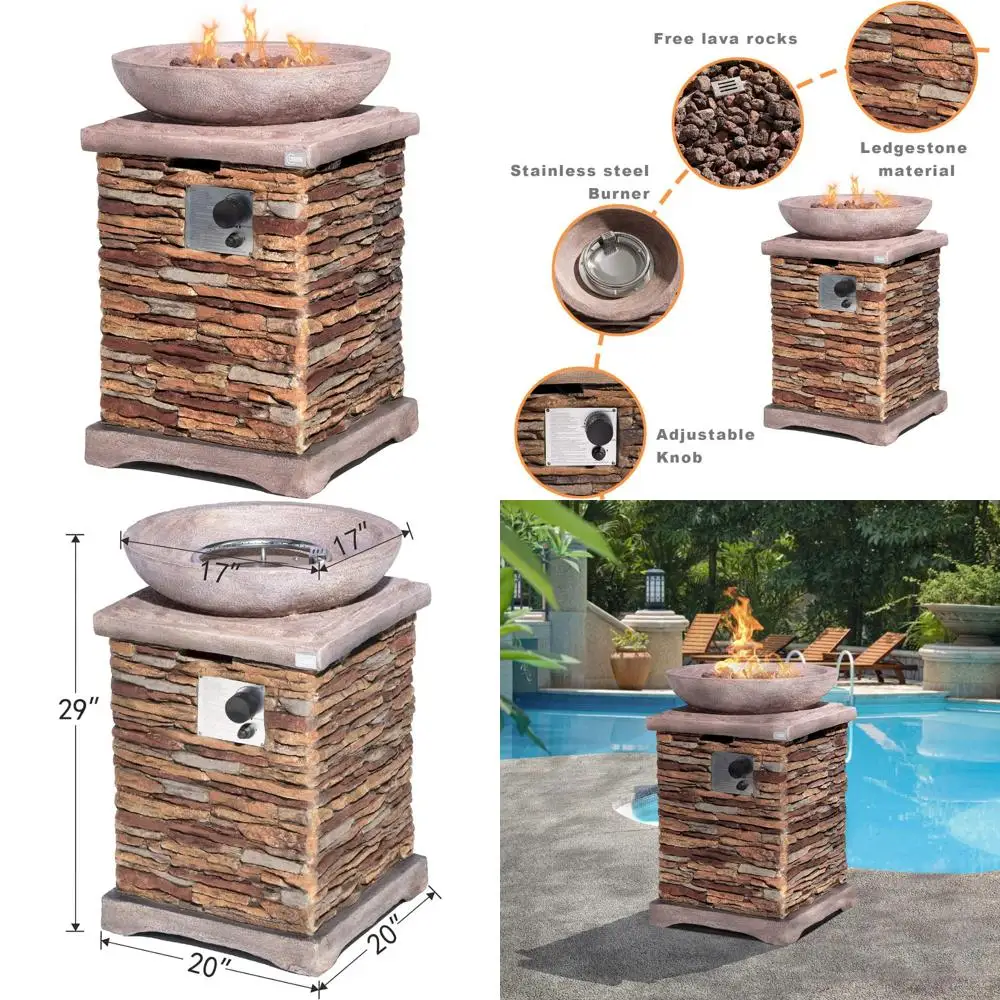 

Уютный уличный стол для костра на пропане с основанием из искусственного коричневого камня и чашей из искусственного розового мрамора, сертифицированный