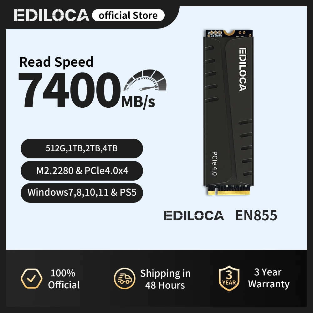 

Ediloca EN855 PS5 SSD with Heatsink PCIe Gen4.0 NVMe M.2 Gaming SSD 7400MB/s Internal Solid State Drive for PS5 & PC