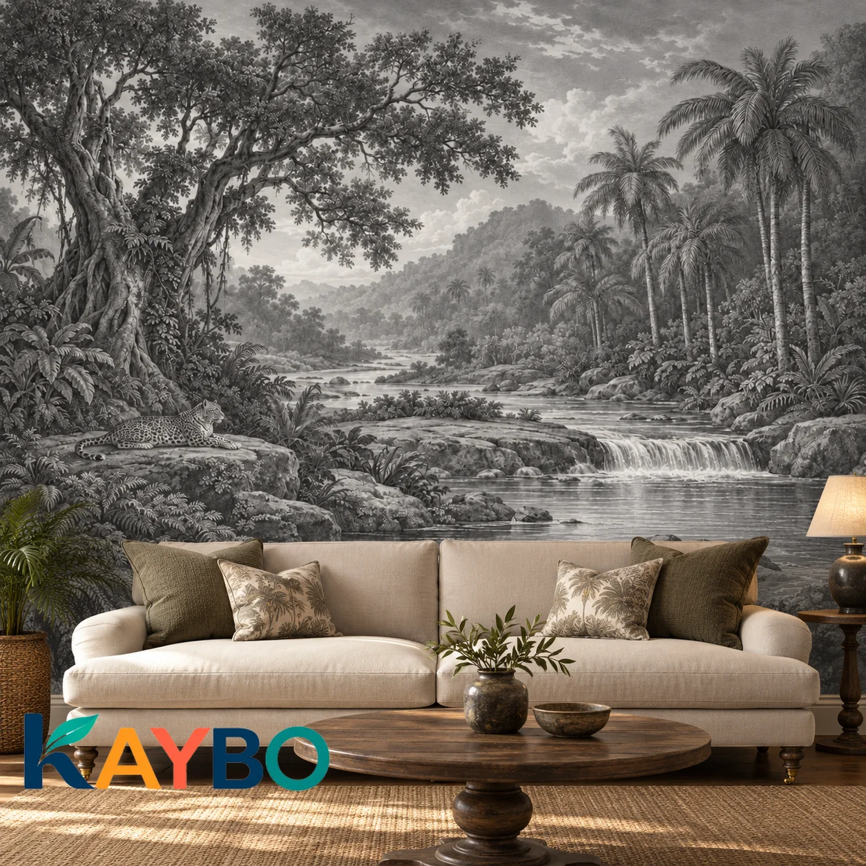 Jungle Wallpaper Mural, Monochrome Rainforest Wall Decor, Waterfall Landscape, Leopard Nature Accent Wall Art, Non Self Adhesive