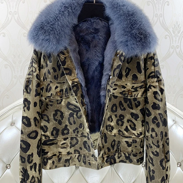 Denim fashion jacket leopard collar