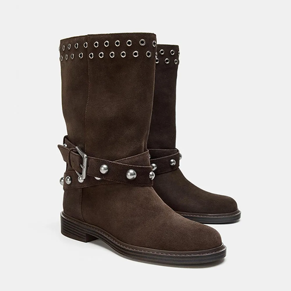 

FWRD Women's Coffee Suede Mid Calf Boots, Studded Buckle Strap, Block Heel Soft Lined & Comfy for Fall Winter #FWRD000389