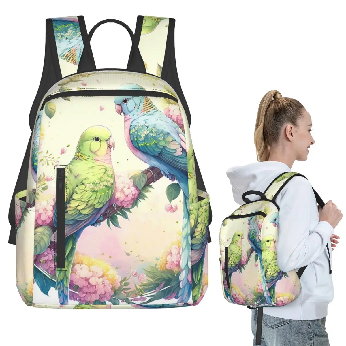 

Two Green Parrots Birds And Blooms Flowers Backpack Student BookBag Children School Bag Computer Shoulder Bags Men Women