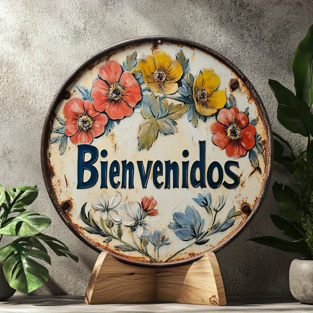 1pc,Spanish welcome sign-Wooden ring welcome sign-Decorative floral wooden wall artwork for homes, offices and cafes