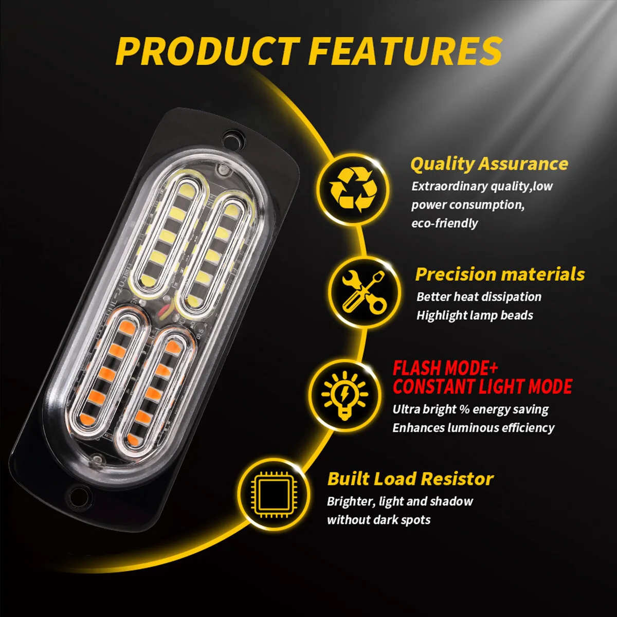 1 Pcs 12-24V Ultra Slim LED Strobe Light Sync Flashing Warning Beacons Amber White Surface Mount for Trucks Cars Safety Light