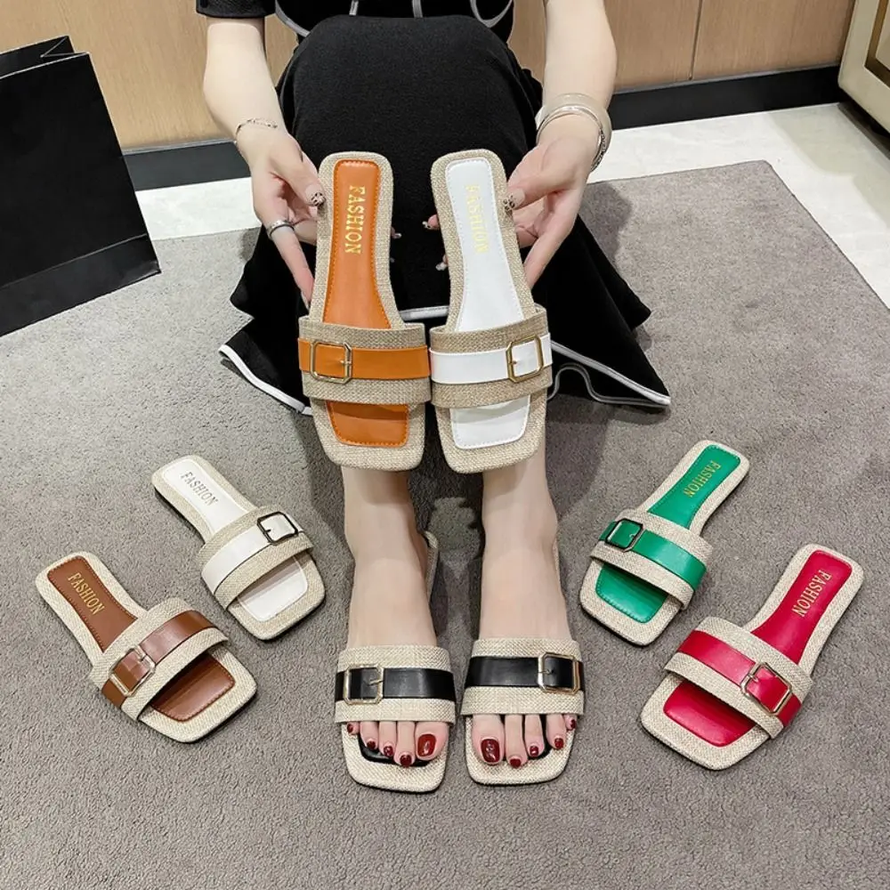 

Ins PU Leather Low-heel Slippers Patchwork Anti Slip Slides Sandals Beachwear Shoes Elegant Slippers for Women Beach