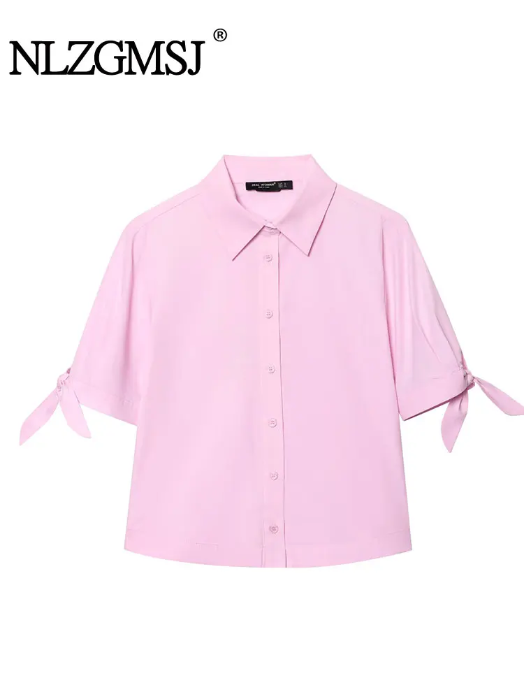 

2025 Summer Casual Women Blouse Solid Bow Short Sleeve Turn-down Collar Single Breasted Blouse New Fashion Shirts