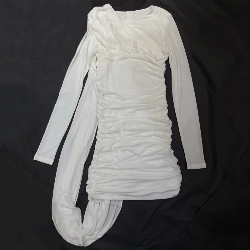 

Women's dress New pleated slim round neck mini dress for spring 2026 Asymmetric hip hugging dress short dresses party dresses