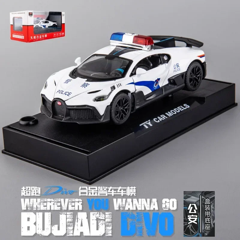 

1:32 Bugatti Divo police car High Simulation Diecast Metal Alloy Model car Sound Light Pull Back Collection Kids Toy A657