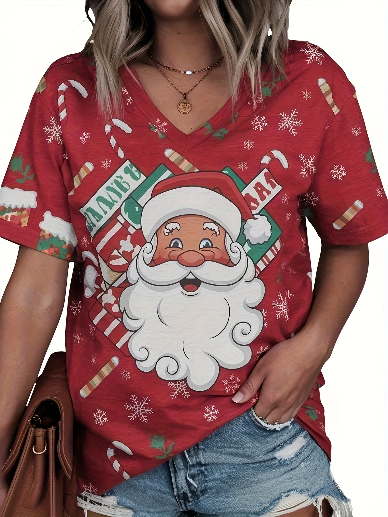 

Cartoon Santa Claus Printed Women's T-shirt Christmas Elements Fashion V-Neck Short Sleeve Oversized X'mas Party Female Clothing