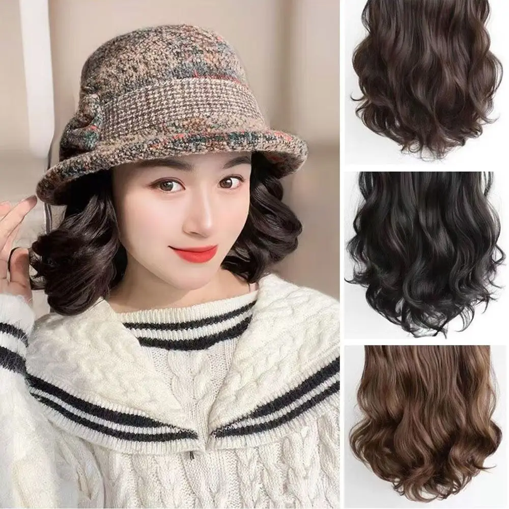 Autumn Winter With Curly Hair Fisherman Hat With Wig Attached Wig Bowknot Wig Bucket Hat Casual Warm Fisherman Cap Women