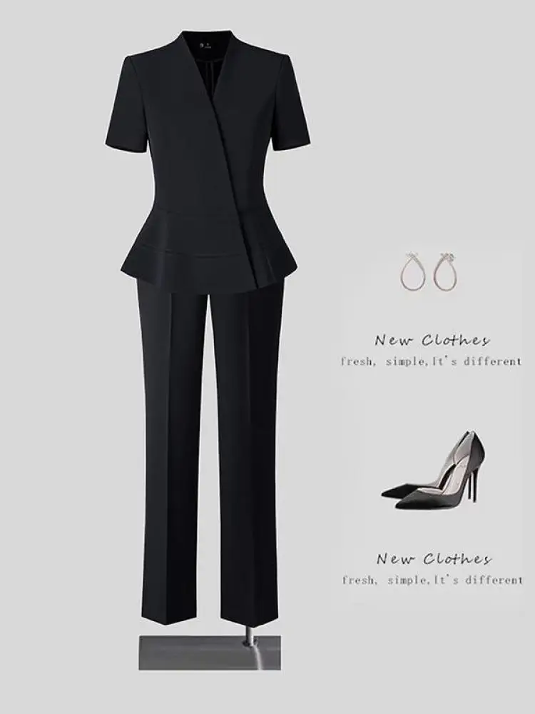 

Summer Women Professional Work Suit Solid V Neck Short Sleeved Blazer Jacket And High Waist Ankle-length Pant New Two-piece Set