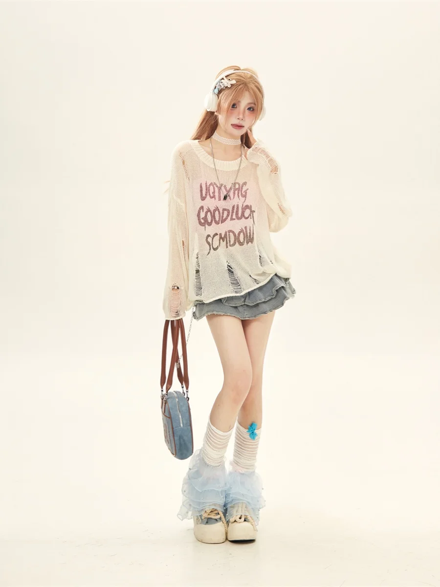 Women's Loose Long Sleeve Knitted Sun Protection Top Hollow out Design See through Outerwear Korean Style Polyester Fiber