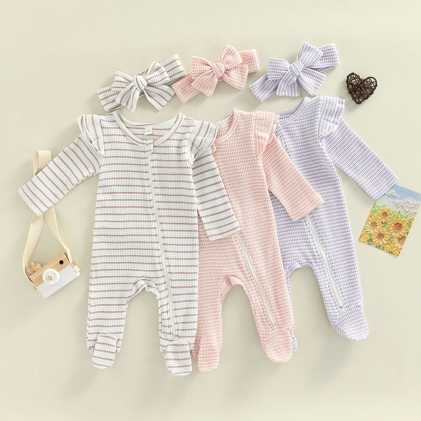 Newborn Baby Girls Footies Suit, Long Sleeve Zipper Ruffle Patchwork Casual Party Street Spring Jumpsuits +Headband   0-9M