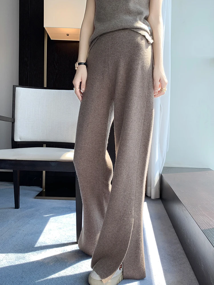 

New Autumn Winter Women Slit Straight-Leg High Waist Pants 100% Merino Wool Knitted Soft Solid Color Warm Casual Trousers