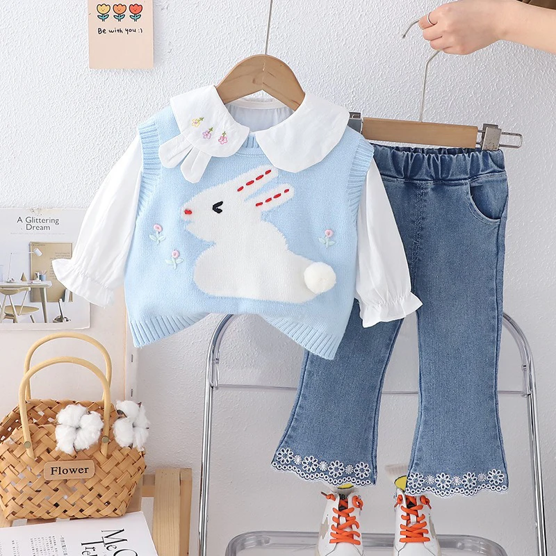 Spring Baby Girls Clothing Sets Children Knitted Vest Shirt Floral Jeans Infant Princess Clothes Cartoon Rabbit Kids Outfits