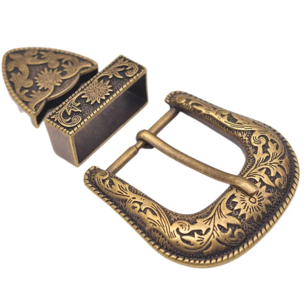 Antique Brass Floral Rope Side Rodeo Western Cowboy Three Piece Set Leathercraft Belt Buckle Unisex 1 1/2