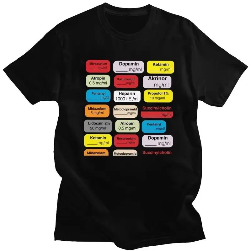 Anesthesia Medication Labels Print T-Shirt for Men Pure Cotton Short Sleeve Fashion Tee