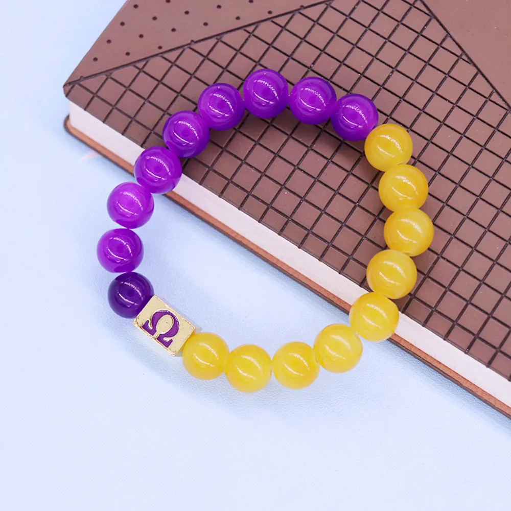 New Design 10MM Glass Purple Yellow Beads Men Fraternity Club Sign Brotherhood Greek Letters Social Omeg Bracelet For Gift