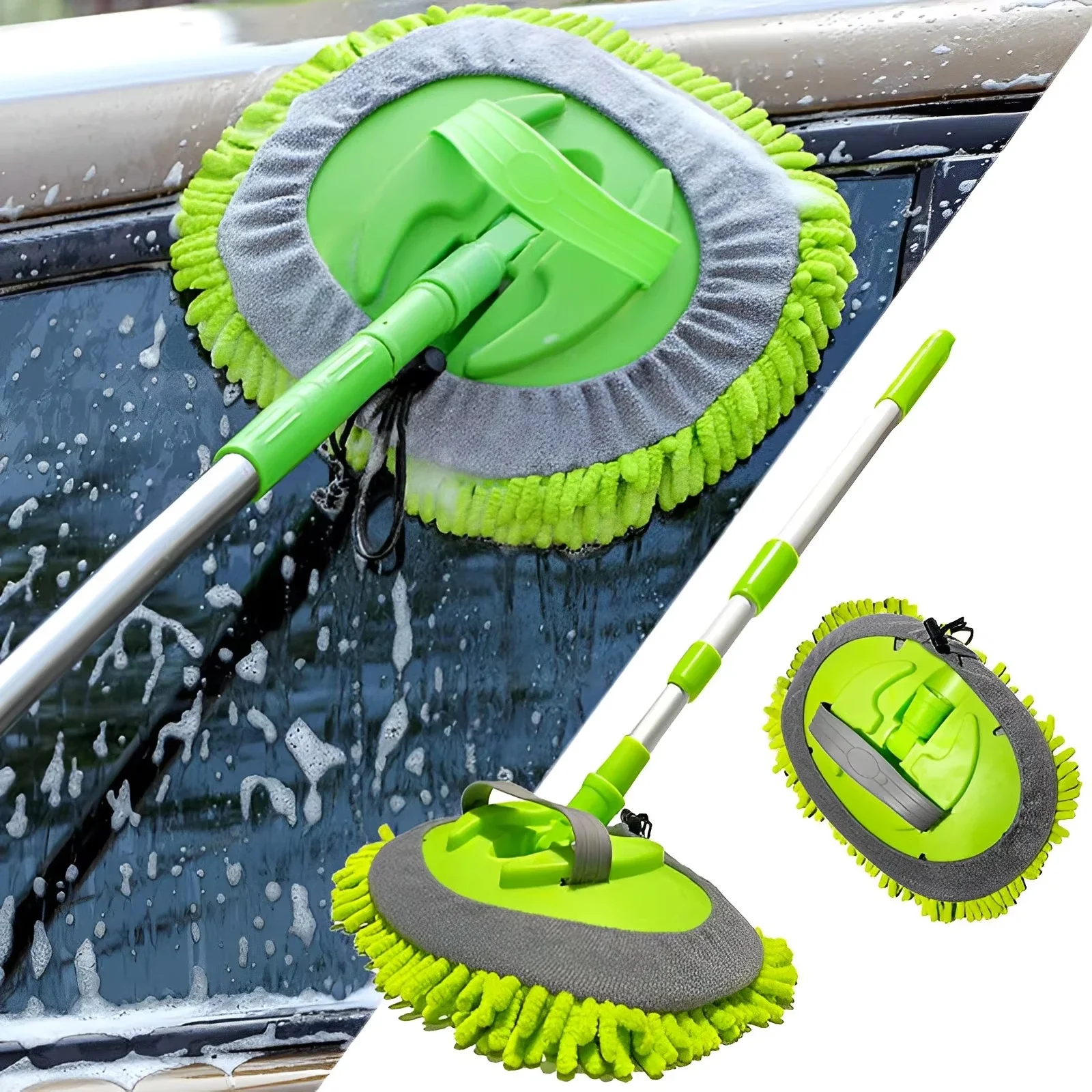 Microfiber Car Wash Glove with Long Handle Scratch-Free Car Cleaning Kit and Dust Mop Car Washing Mop Window Wash Tool 2 In 1