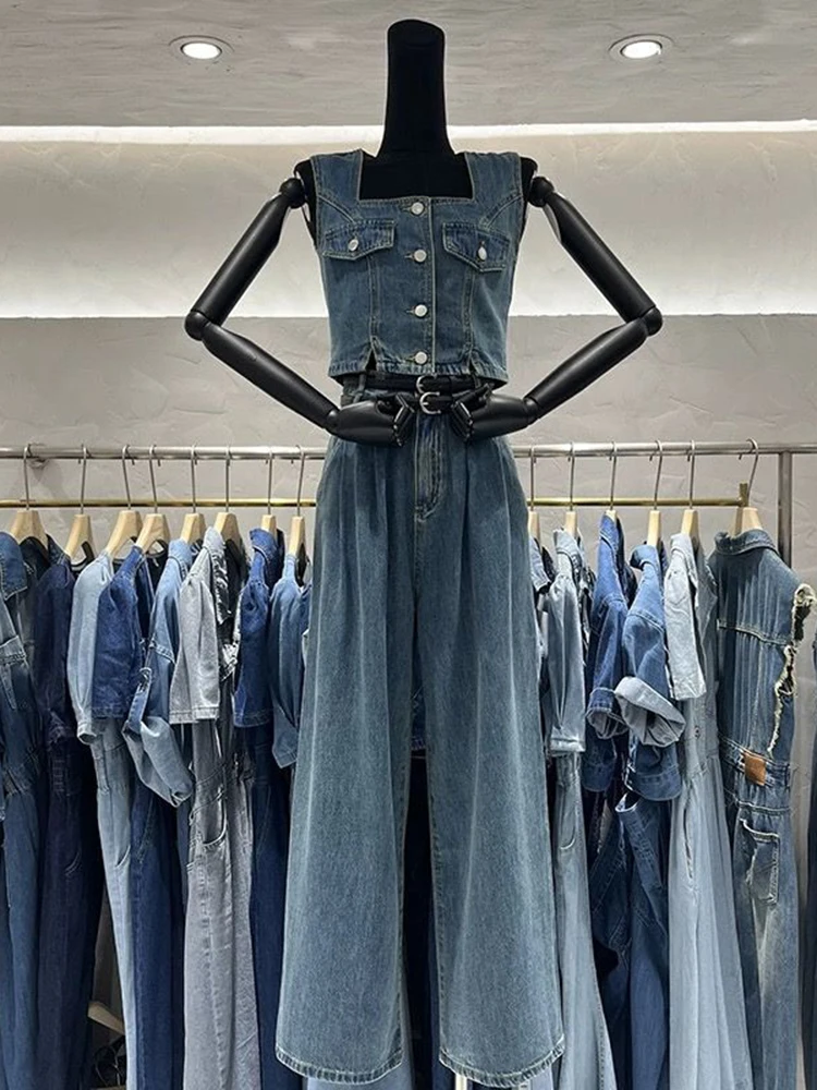 Summer Denim Two Piece Set For Women Sleeveless Tank Top Short Waistcoat Vintage Wide Leg Pants Long Jeans