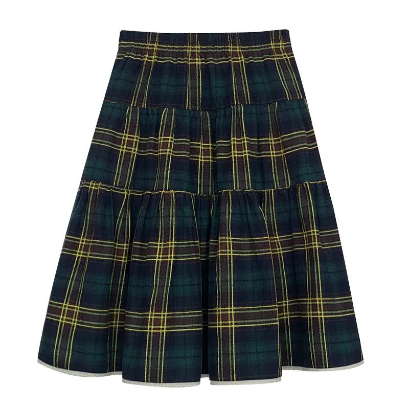 2025年ホットセール新作 カレッジスタイル バイカラー チェック柄 ゴムウエスト ケーキスカート レディース