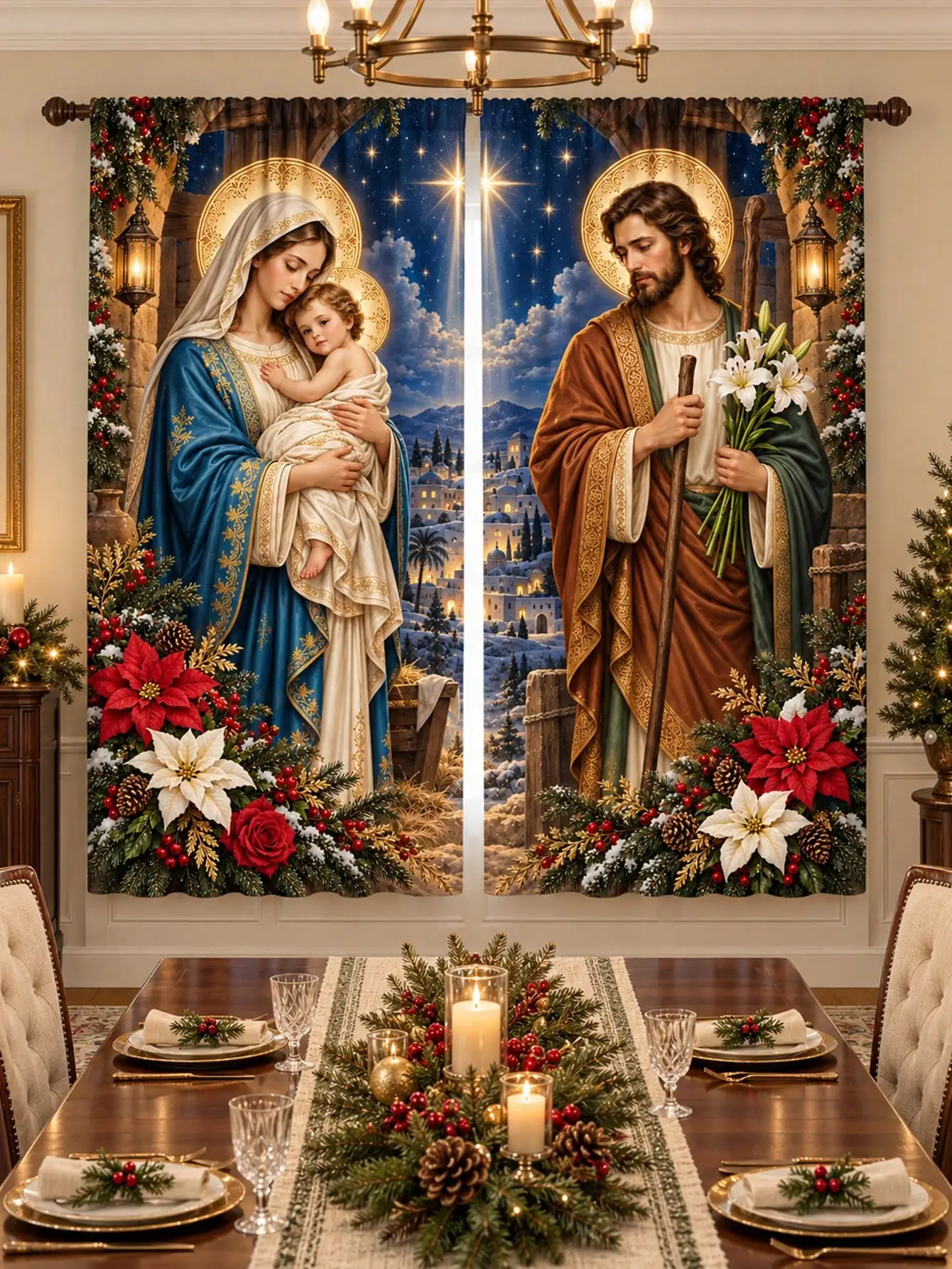 Religious Nativity Scene Window Curtain Divine Christmas Art for Living Room Sanctuary Decor