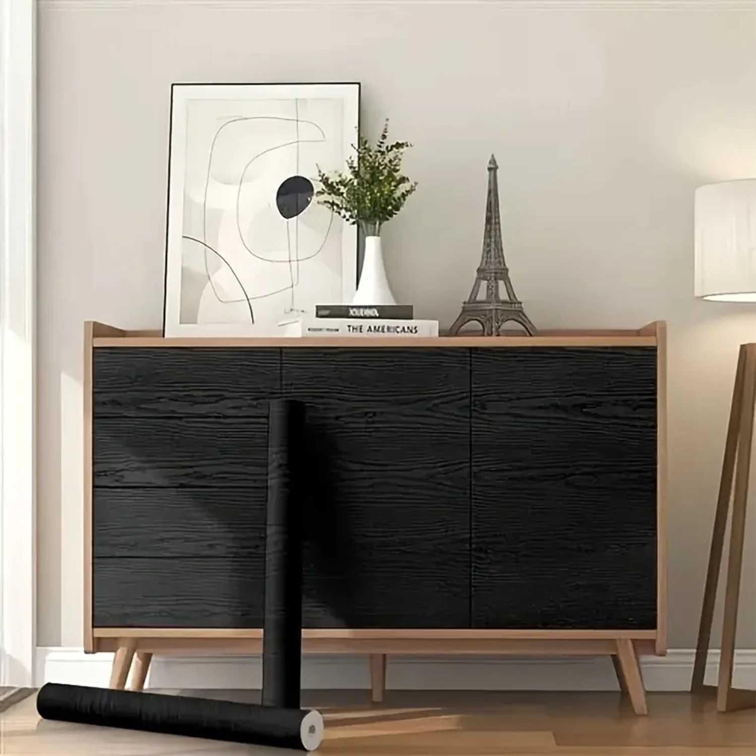 ورق جدران سميك من الخشب الأسود، أثاث فيلم بوينغ، خزانة المطبخ، ملصقات PVC ذاتية اللصق، ورق جدران من الفينيل للمطبخ