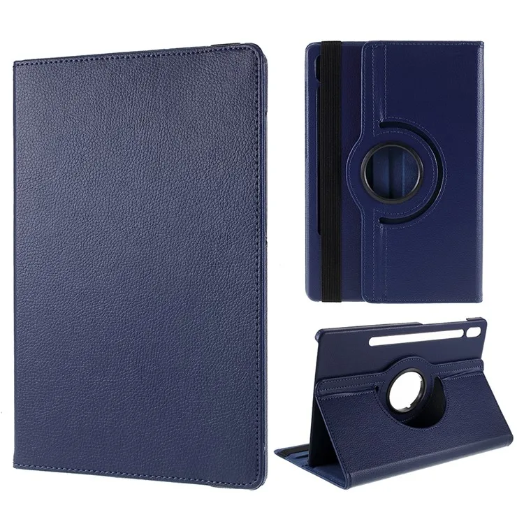 

For Samsung Galaxy Tab S10 FE / S10 / S9 FE / S9 / S8 / S7 Tablet Case Rotary Stand PU Leather Cover with Elastic Band - Dark Bl