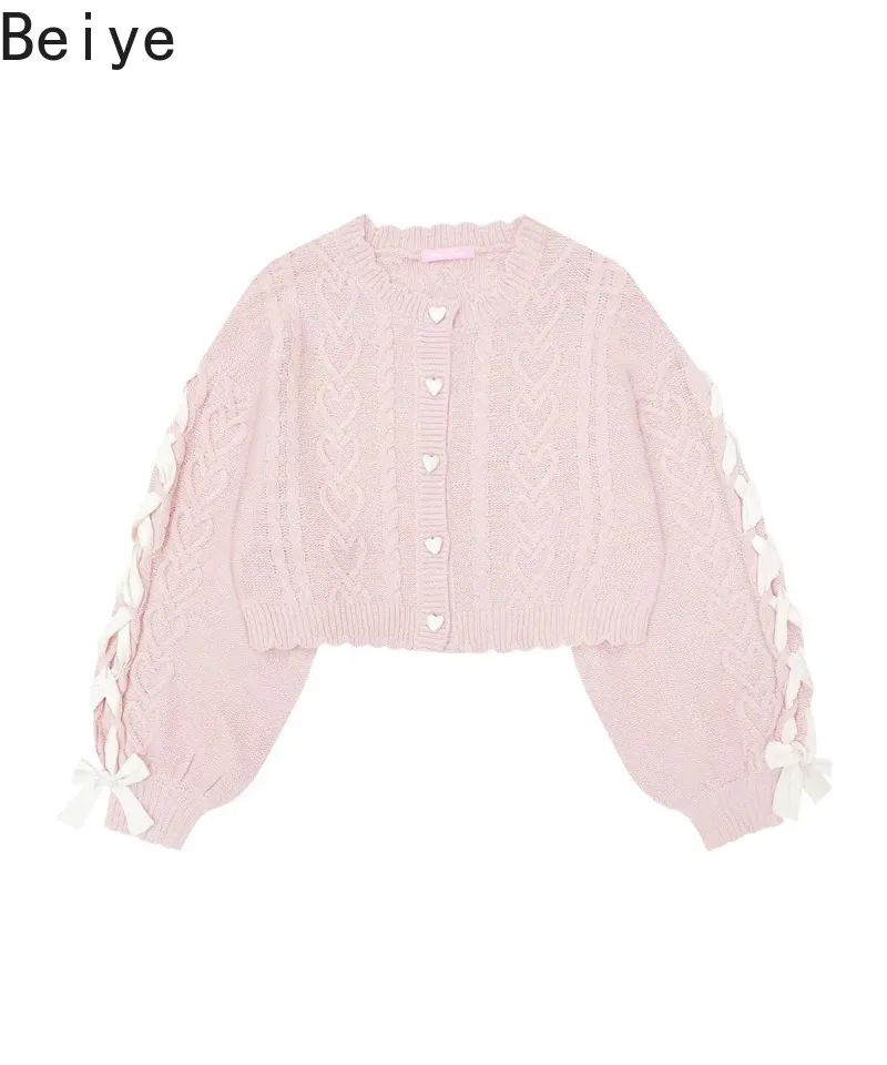 Sweet Lolita Knit Cardigan Women Jirai Kei Pink Bow Long Sleeve Sweater Coat Lady Japanese Harajuku Cute Cropped Knit Outerwear
