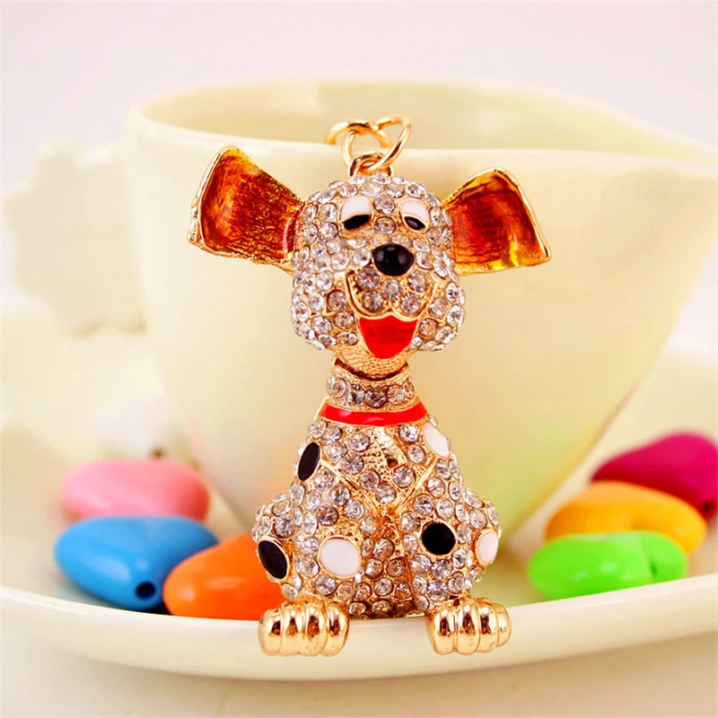 Cute Dalmatian Rhinestone Dog Keyring Alloy Metal Gold Color Animal Pet Keychain Handbag Purse Holder Jewelry llaveros