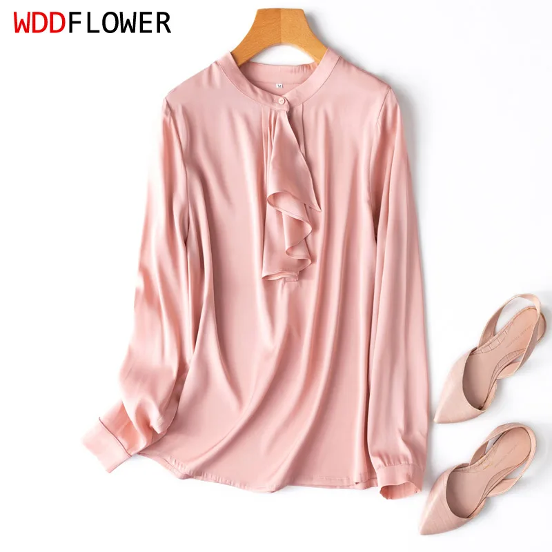 93% Mulberry Silk 7% Spandex Women Long Sleeve Shirt 19 Momme charmeuse Silk Pink Ruffles Neck Top Blouse Pullover MM355