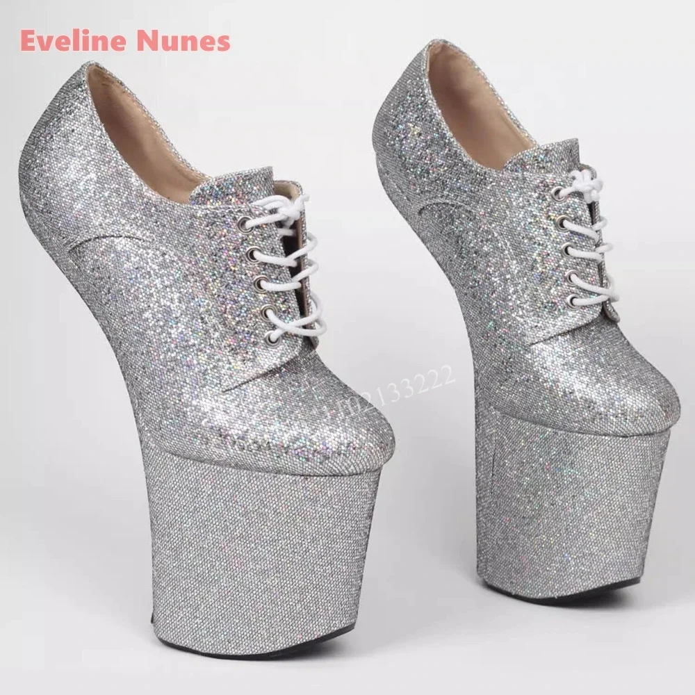 

Strange Style New Sliver Hoof Heel Shiny Pumps Solid Round Toe Platform Cross Strap Stage Catwalk Sexy Nightclub Shoes For Women