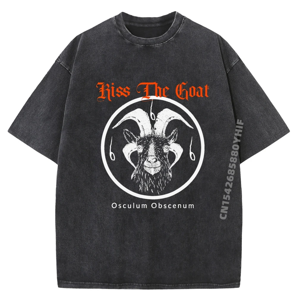 

Kiss The Sheep Funny Satan Devil Go Goat Obscenum Fall Clothes Aesthetic Tee Shirt Mens Retro Washed T Shirt