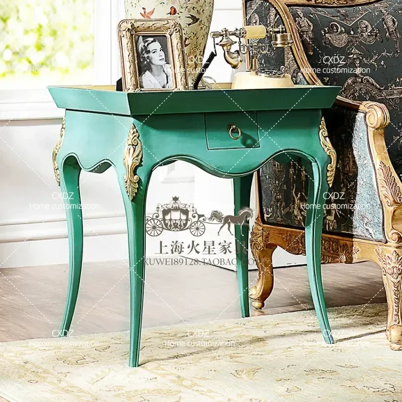 Solid Wood Retro Coffee Table Neoclassical Gold Painted Rectangular Living Room Console Table