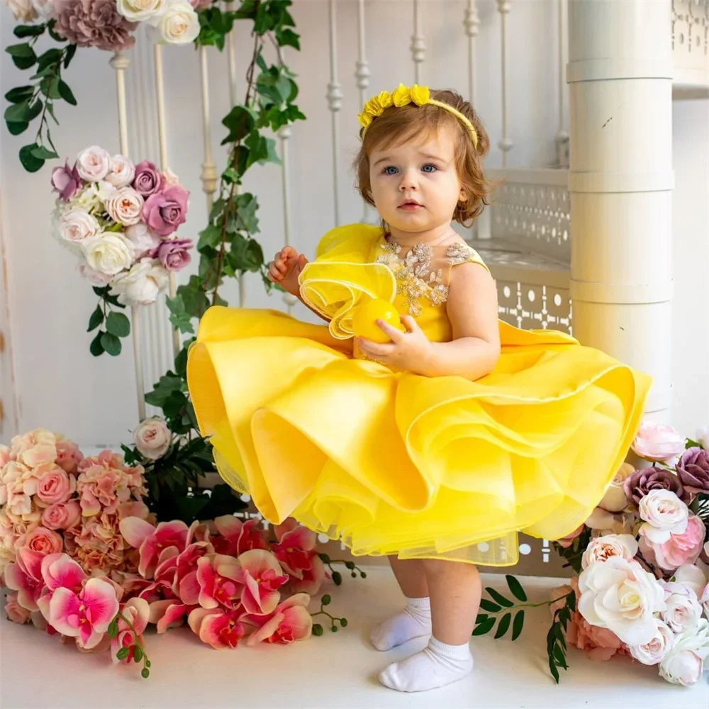 CustomizedYellow Bow Flower Girl Dress For Wedding Puffy Ruffles Purple Knee Length With First Communion Birthday Party Ball Go