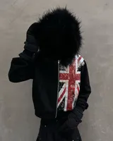 American Retro Fur Collar Flag Printing Oversize Zipper Hoodie Men's and Women's Y2K New Harajuku Hip Hop Goth Casual Sweatshirt