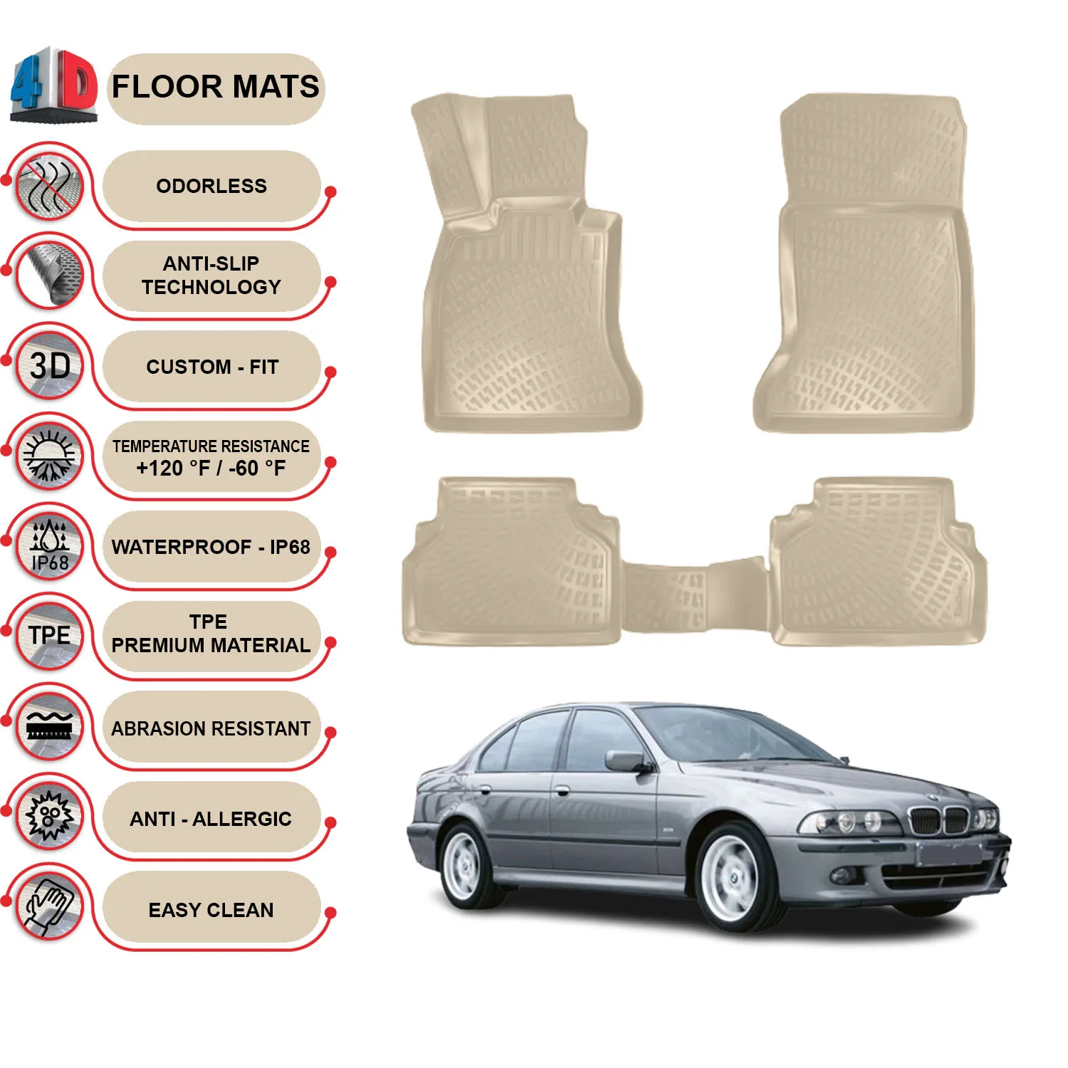 BMW 5 E39 - (1996-2003) Floor Mats Liner Waterproof 3D - (Beige)