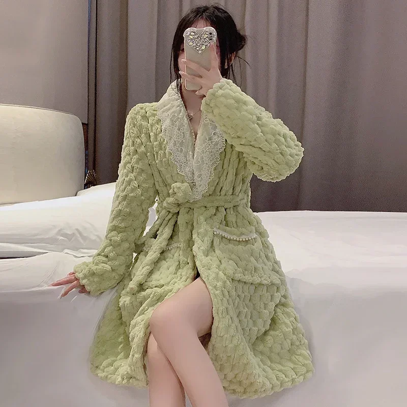 2024 Winter Long Sleeve Thick Warm Flannel Kimono Robes for Women Cute Lace Bathrobe Sleepwear Bath Robe Nightdress Night Dress