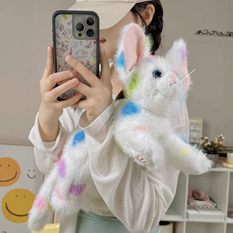 Peluche de chat aux couleurs de l'arc-en-ciel Devon Rex pour fille, jouet de simulation, doux au beurre, animal en peluche, modèle de dessin animé, chaton, oreiller pour bébé, joli cadeau