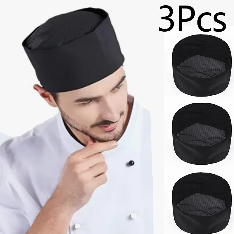 3Pcs Chef Cap Breathable Mesh Kitchen Work Hat Adjustable Catering Service Cap for Men Women Restaurant Cooking Hair Cover