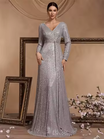 Luxury Grey Floor Length V-Neck Evening Dress Women Elegant Party Maxi Dress Sequin Long Sleeves Prom Cocktail Dress Gowns