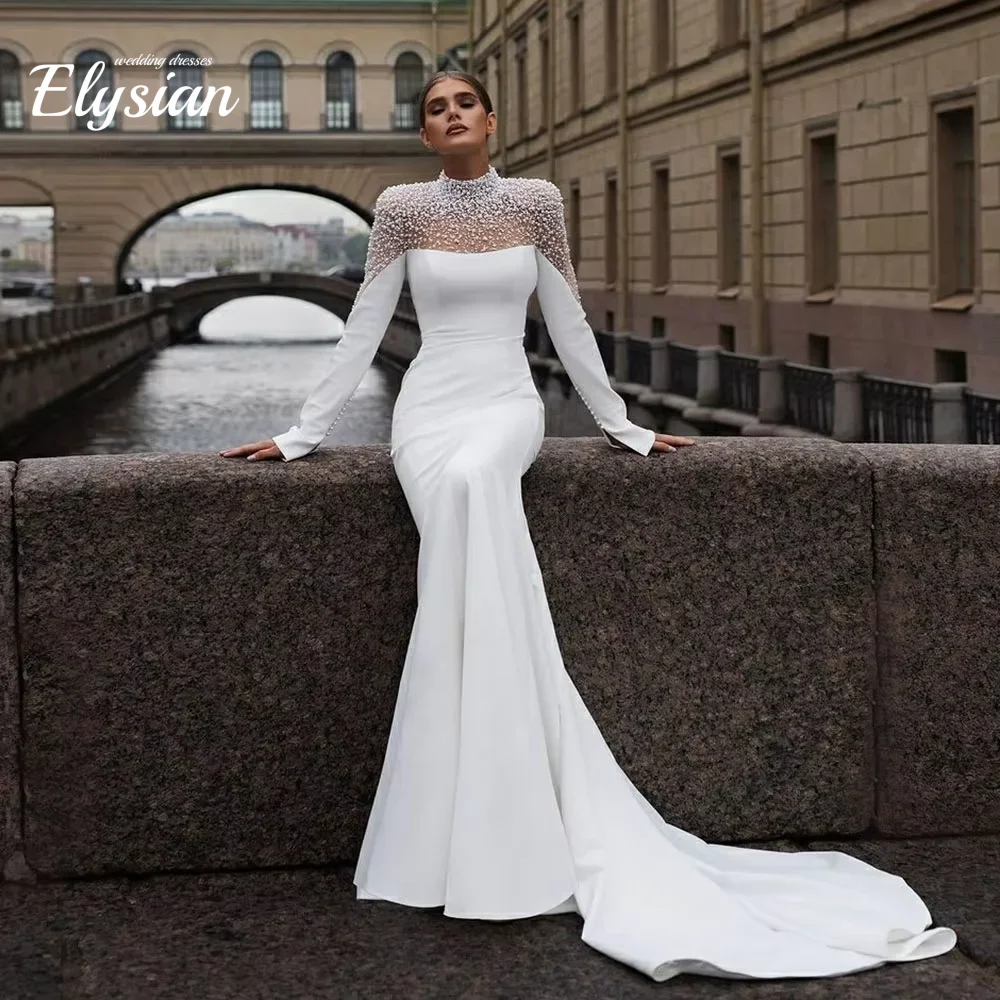 Customized Luxury High Neck Wedding Dresses Long Sleeve Pearls Beading Mermaid Bridal Dress Satin Women Brides Gown