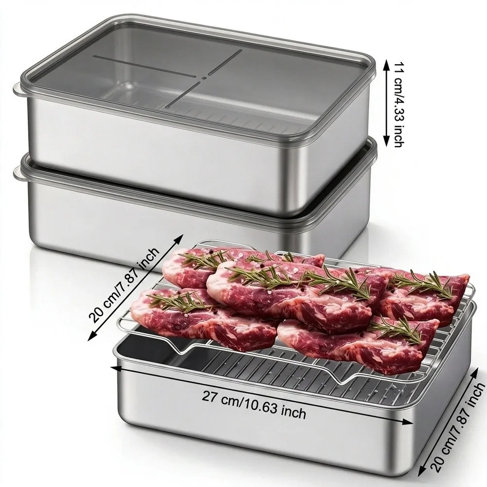 3Pcs 304 Stainless Steel Fresh‑Keeping Food Box Seal‑Fit Cover With Drain Tray Stackable For Fridge Kitchen Storage Container