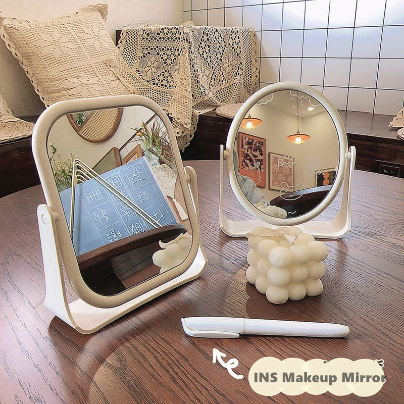 Ins-Miroirs de Maquillage avec Support de Bureau pour Femme, Mignon, Rotatif, Ovale, Rectangle, Vanité, Cosmétique, Chambre à Coucher, Dortoir,