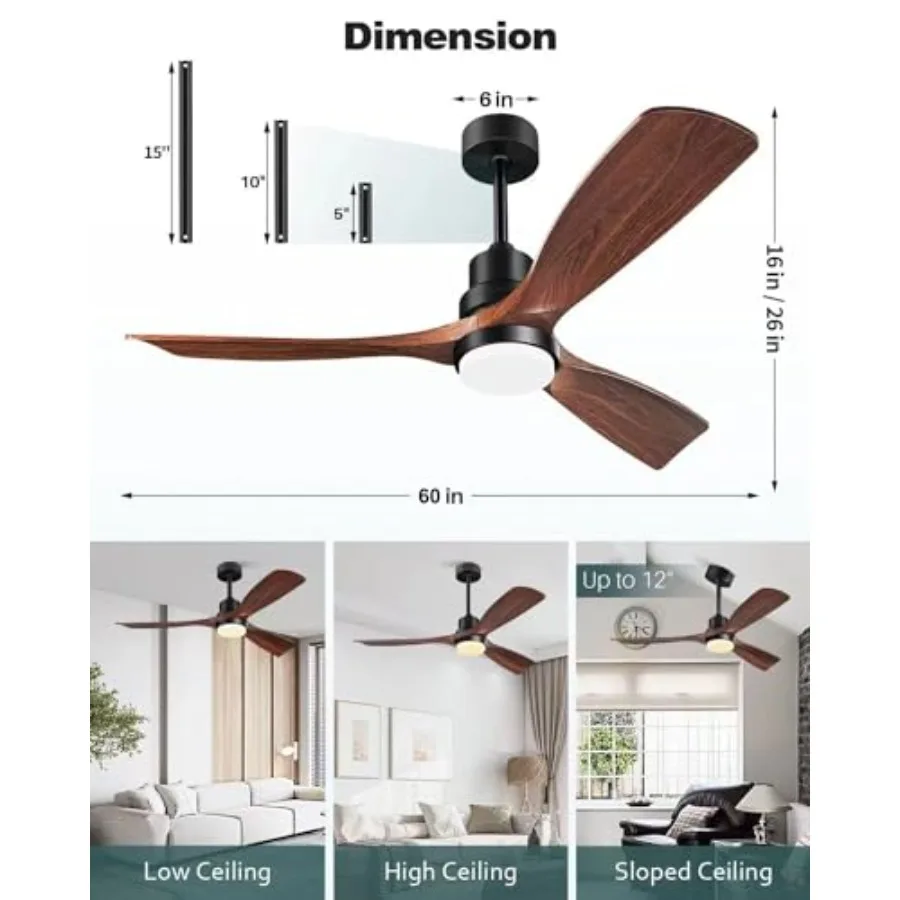 60 Inch Ceiling Fans with Lights 3 Downrods Outdoor Ceiling Fan for Patios with Remote Control ETL Listed 3 Blades Wood Ceiling