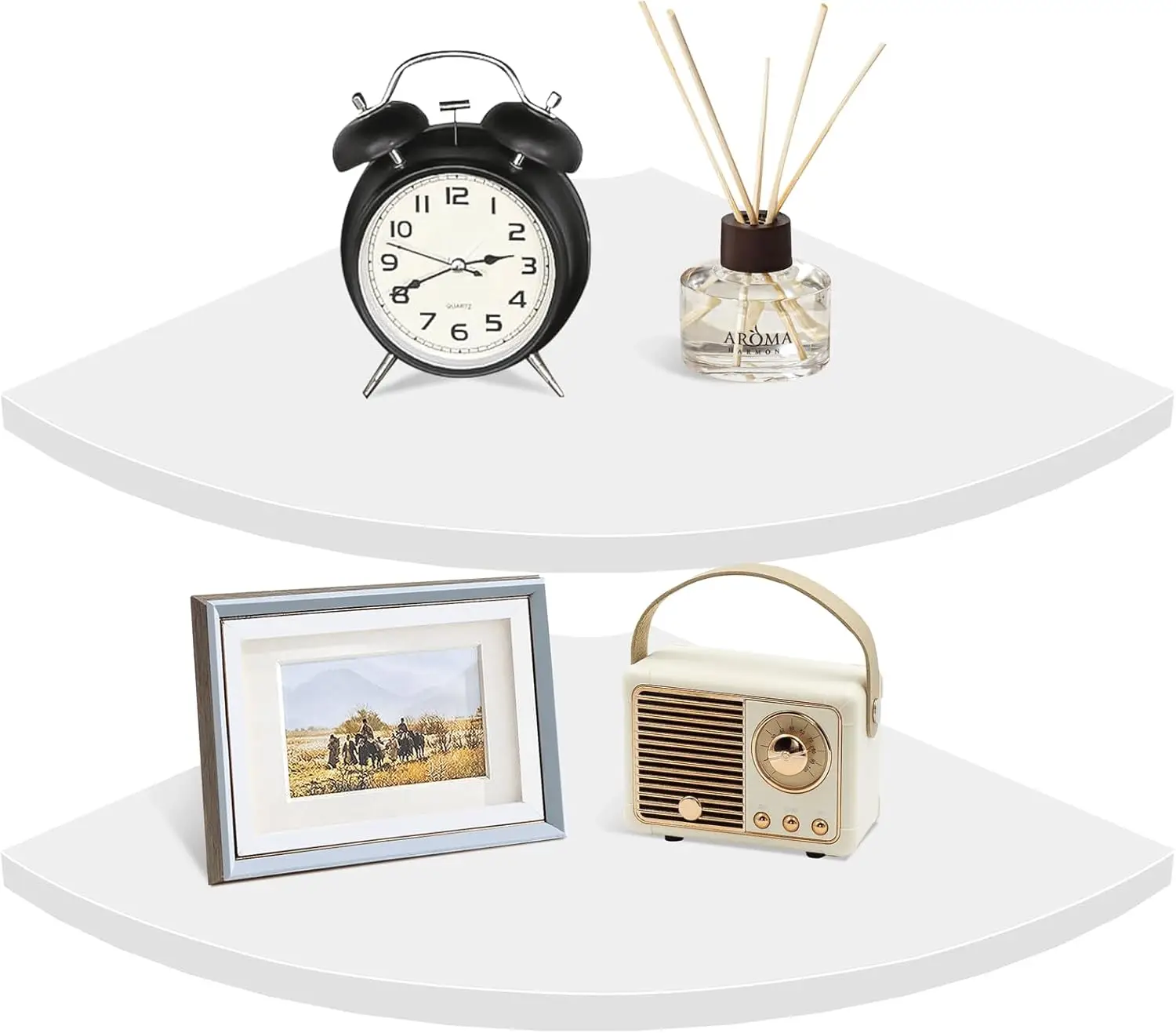 

Набор из 2 белых деревянных угловых полок, плавающие полки с закругленным дизайном и отверстием для проводов, для ванной, гостиной, офиса - ширина 12 дюймов