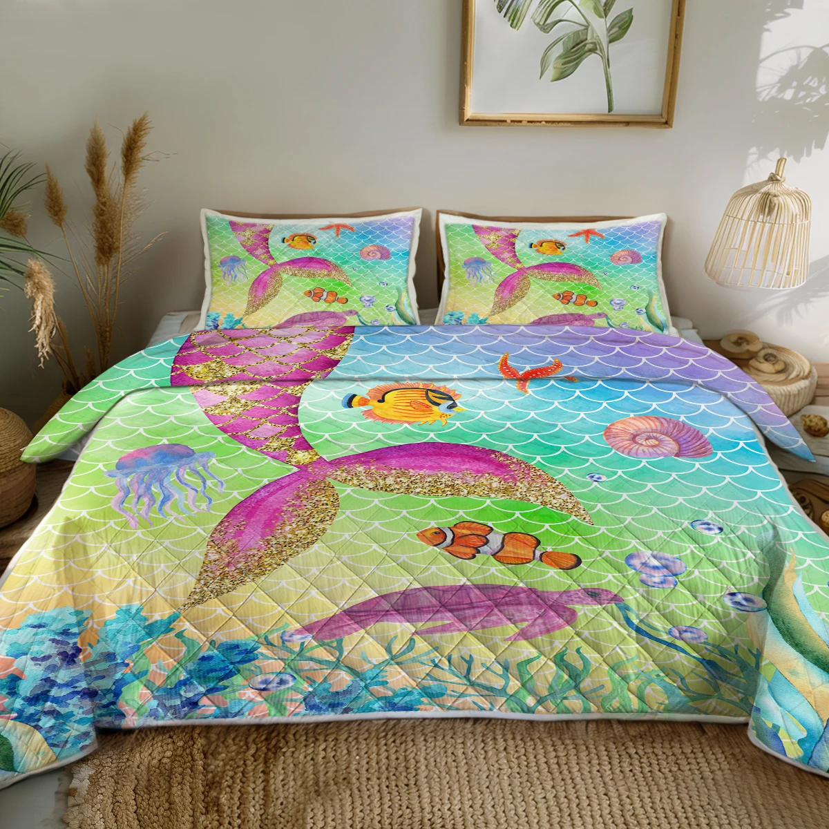 

3PCS Pink Mermaid Tail with Marine Life Design Quilt Set Comforter Set With 2 Pillowcases for Kids and Adults Home Decor