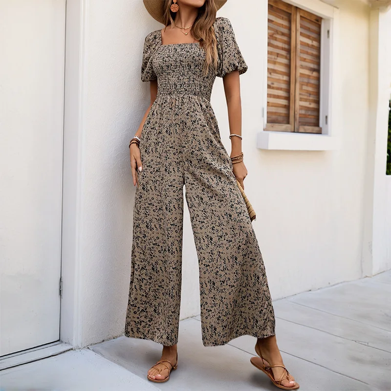 

Summer New Spotted Jumpsuit With Bubble Sleeves, Square Collar, Elastic Waistband Jumpsuit