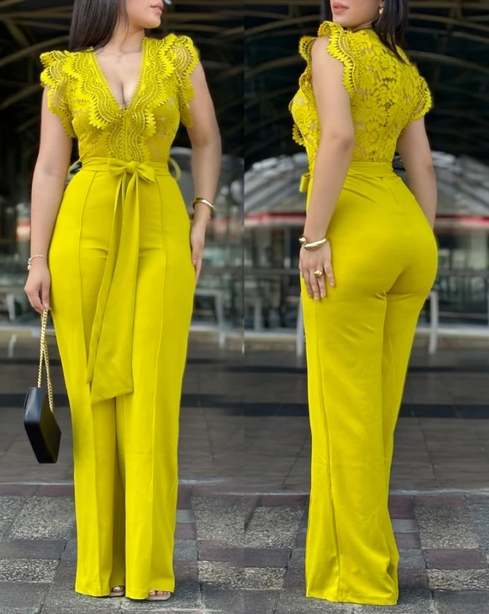 V Neck Scallop Trim Sleeve Lace Patchwork Bow Tie Waist Jumpsuit Casual Seam Front Zipper Back Wide Leg Jumpsuit