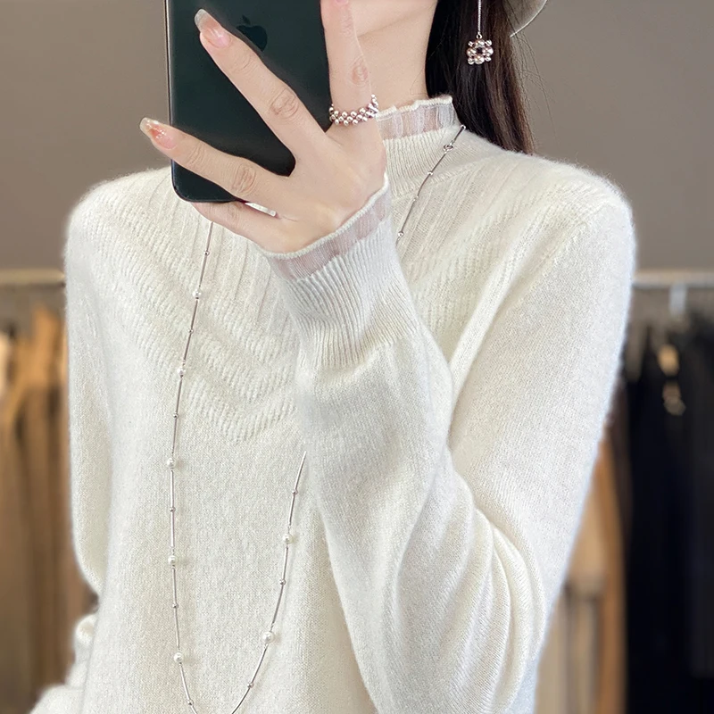 Pulôver feminino de malha com gola meia alta, suéter 100% de lã merino, malha, borda de madeira, malha casual engrossada, outono, inverno